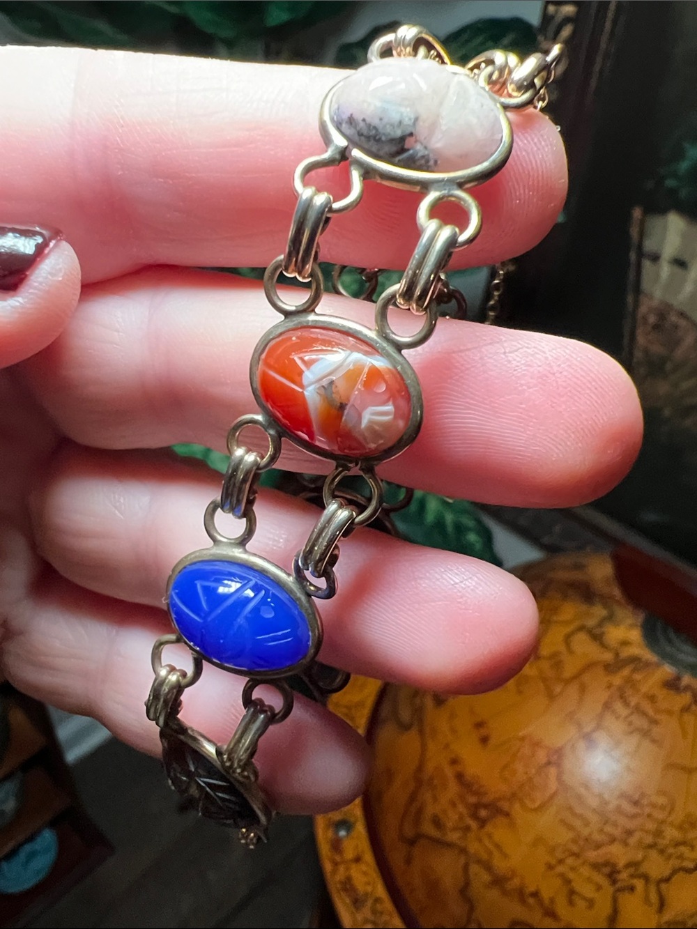 Vintage Amco Signed 12k Gold Filled Multi Gemstone Carved Scarab Bracelet - Picture 3 of 15
